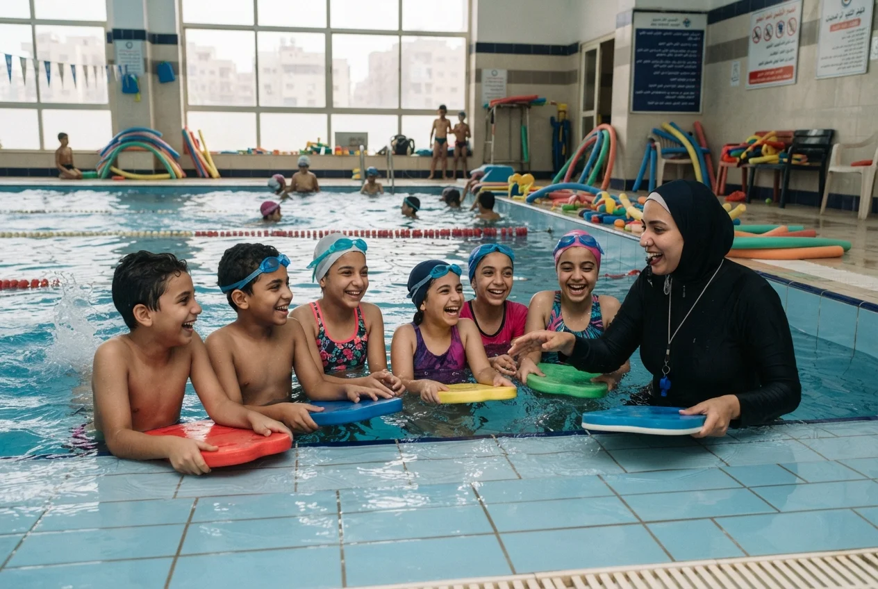 مجموعة أطفال مع مدرب سباحة بجوار حوض سباحة داخلي في مدرسة نايل ويف للسباحة